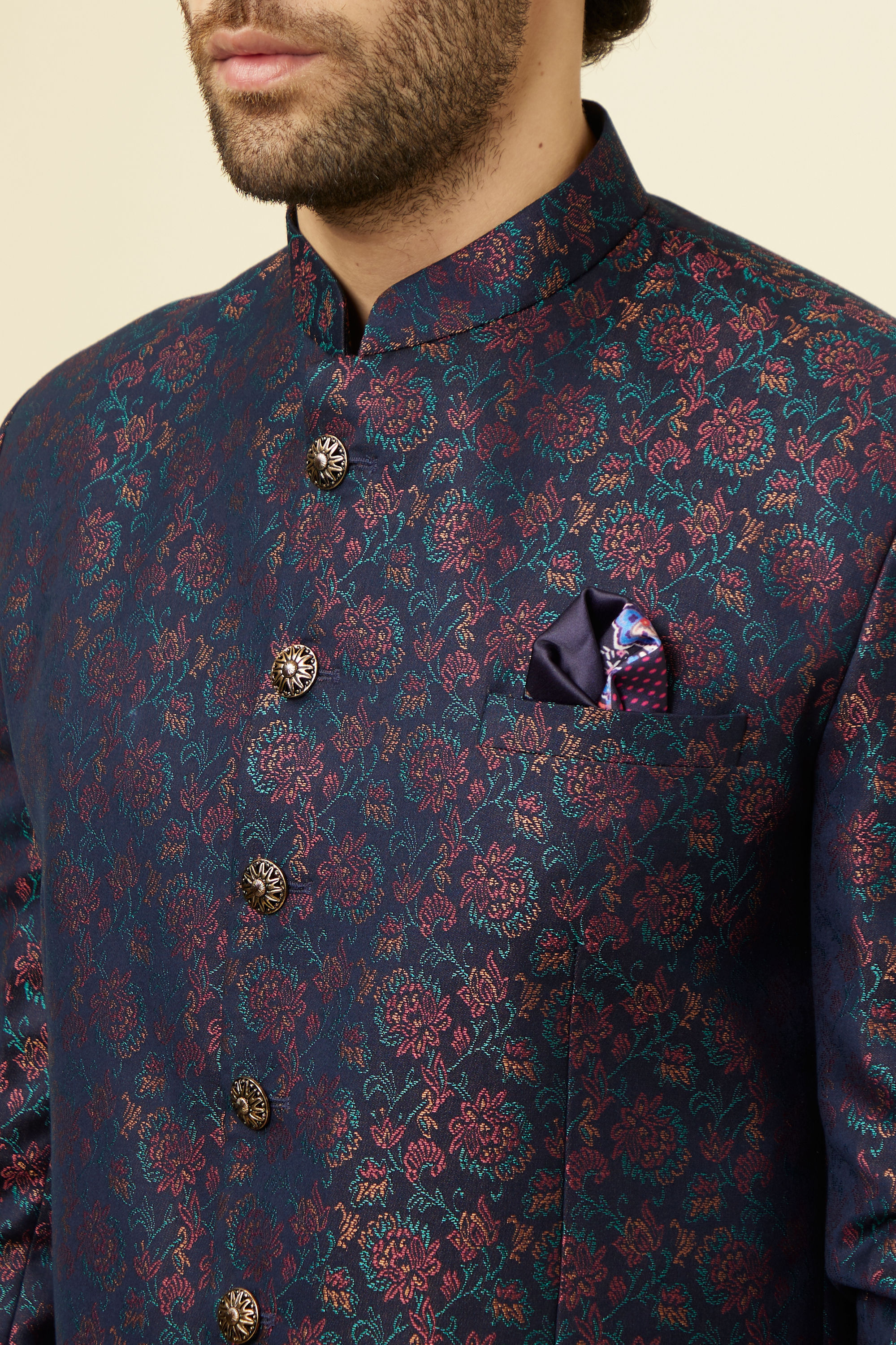 Manyavar Men Midnight Blue Floral Patterned Suit