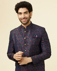 Manyavar Men Midnight Blue Floral Patterned Suit