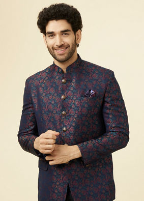 Mignight Blue Floral Patterned Jodhpuri Suit image number 0