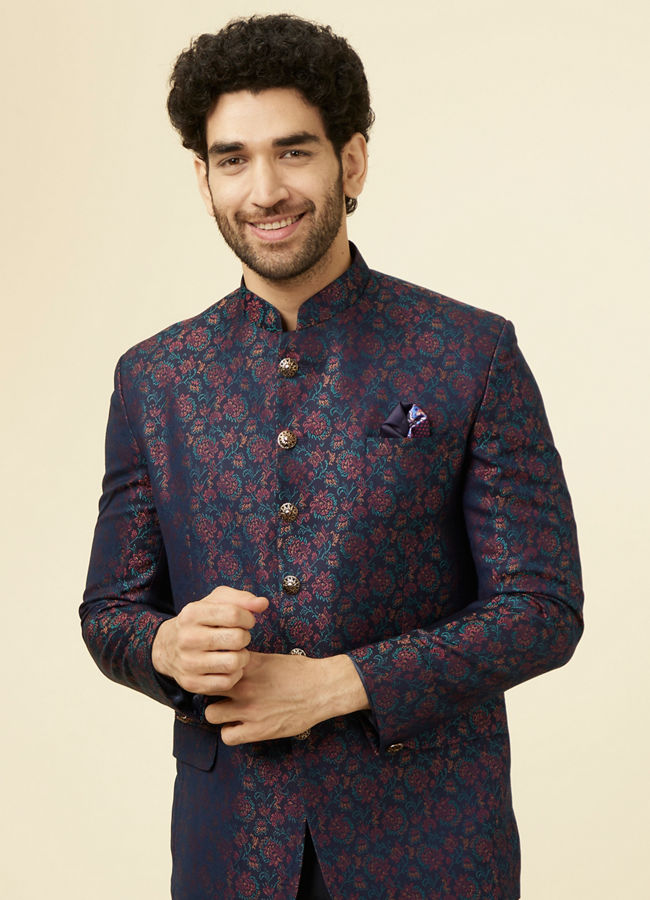 alt message - Manyavar Men Midnight Blue Floral Patterned Suit image number 0