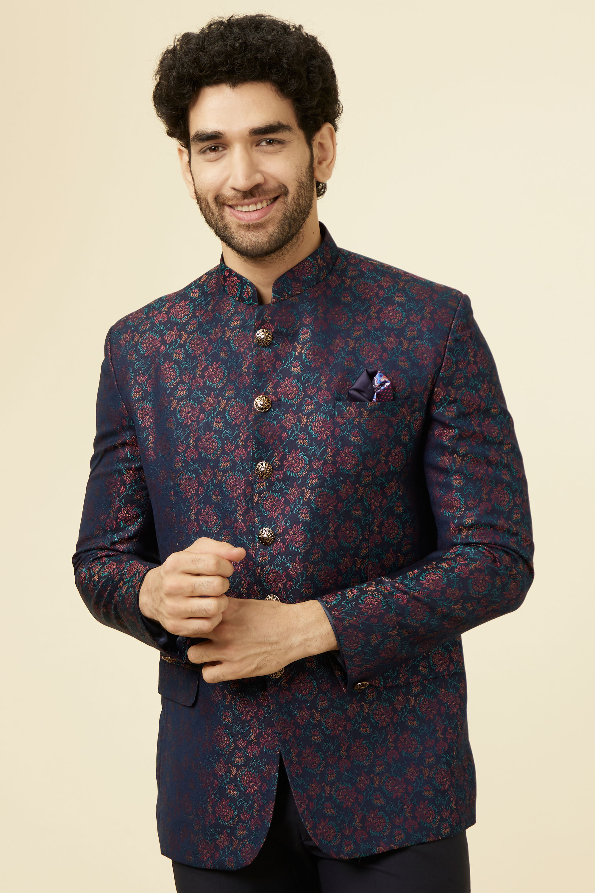 Manyavar Men Midnight Blue Floral Patterned Suit