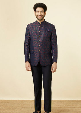 Mignight Blue Floral Patterned Jodhpuri Suit image number 2