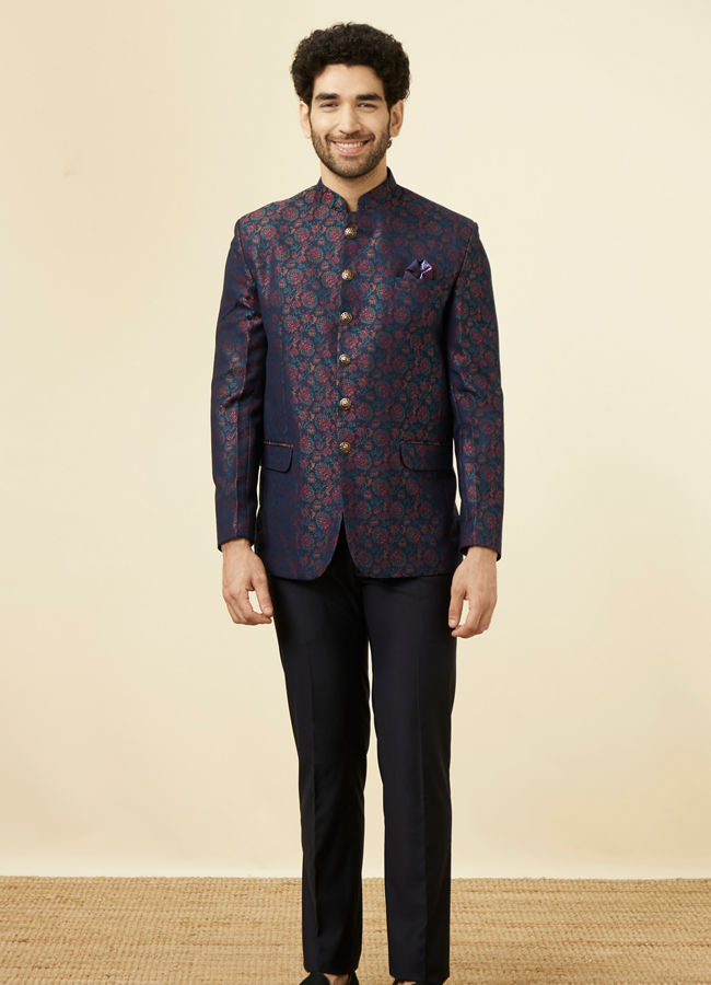 alt message - Manyavar Men Midnight Blue Floral Patterned Suit image number 2