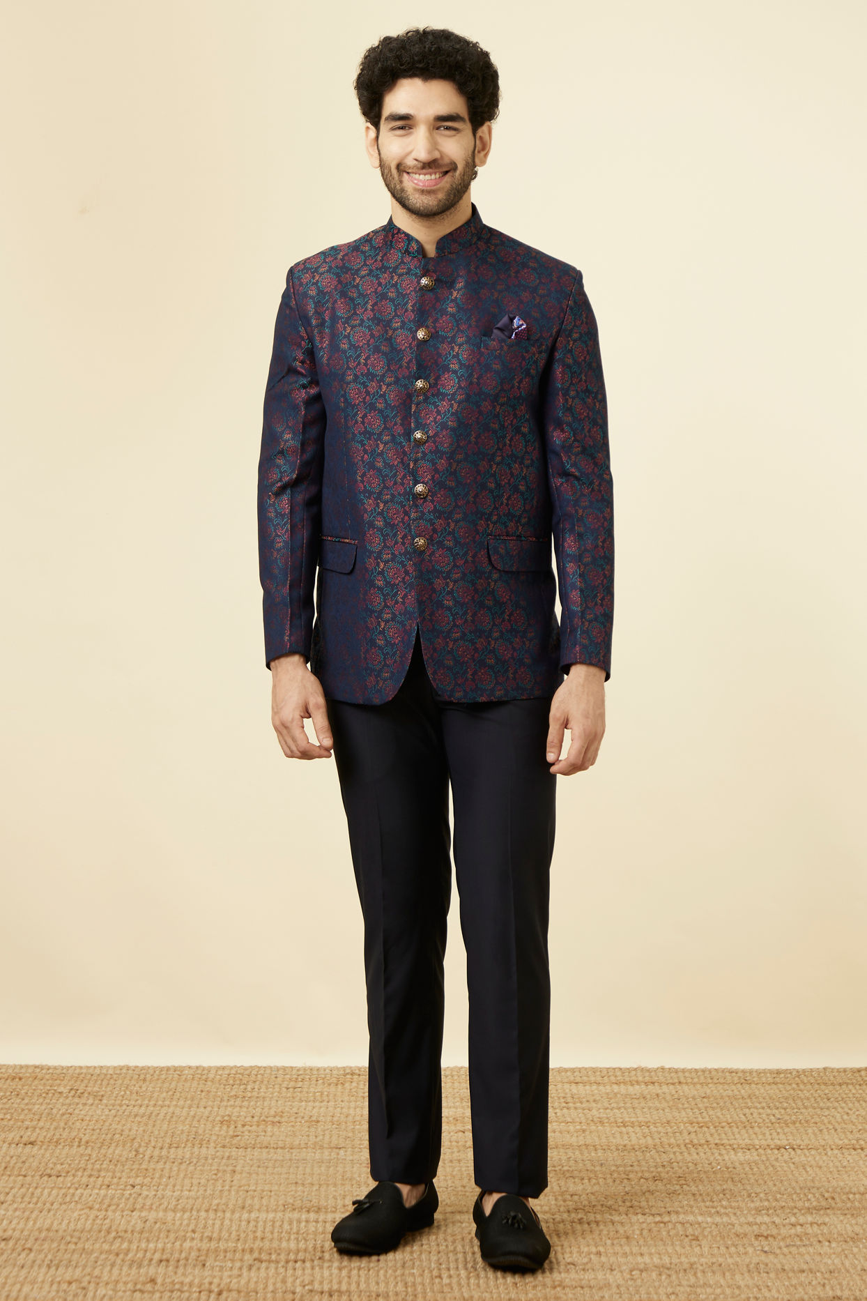 Mignight Blue Floral Patterned Jodhpuri Suit image number 2