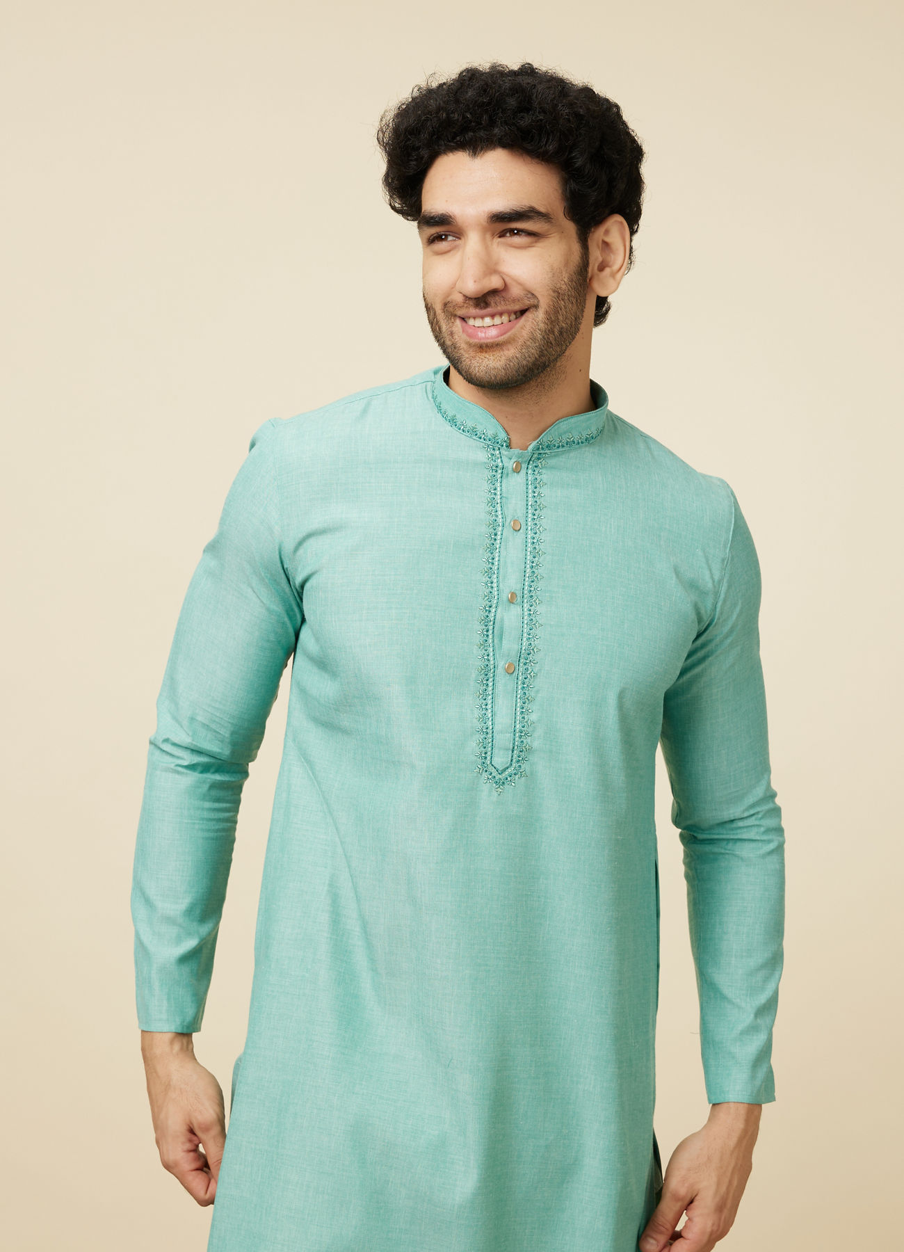 Manyavar Men Sea Blue Solid Kurta Pajama