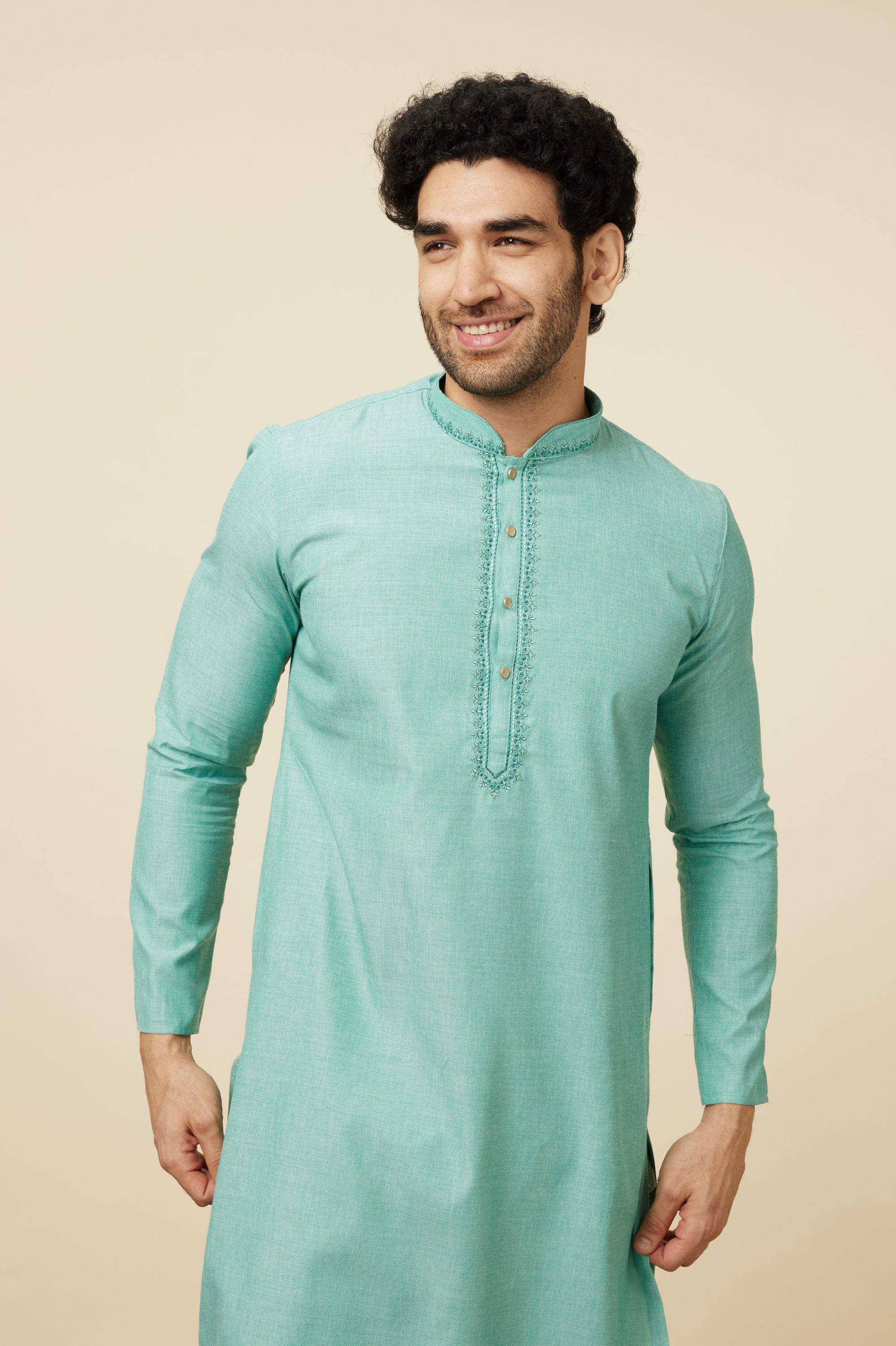 Manyavar Men Sea Blue Solid Kurta Pajama