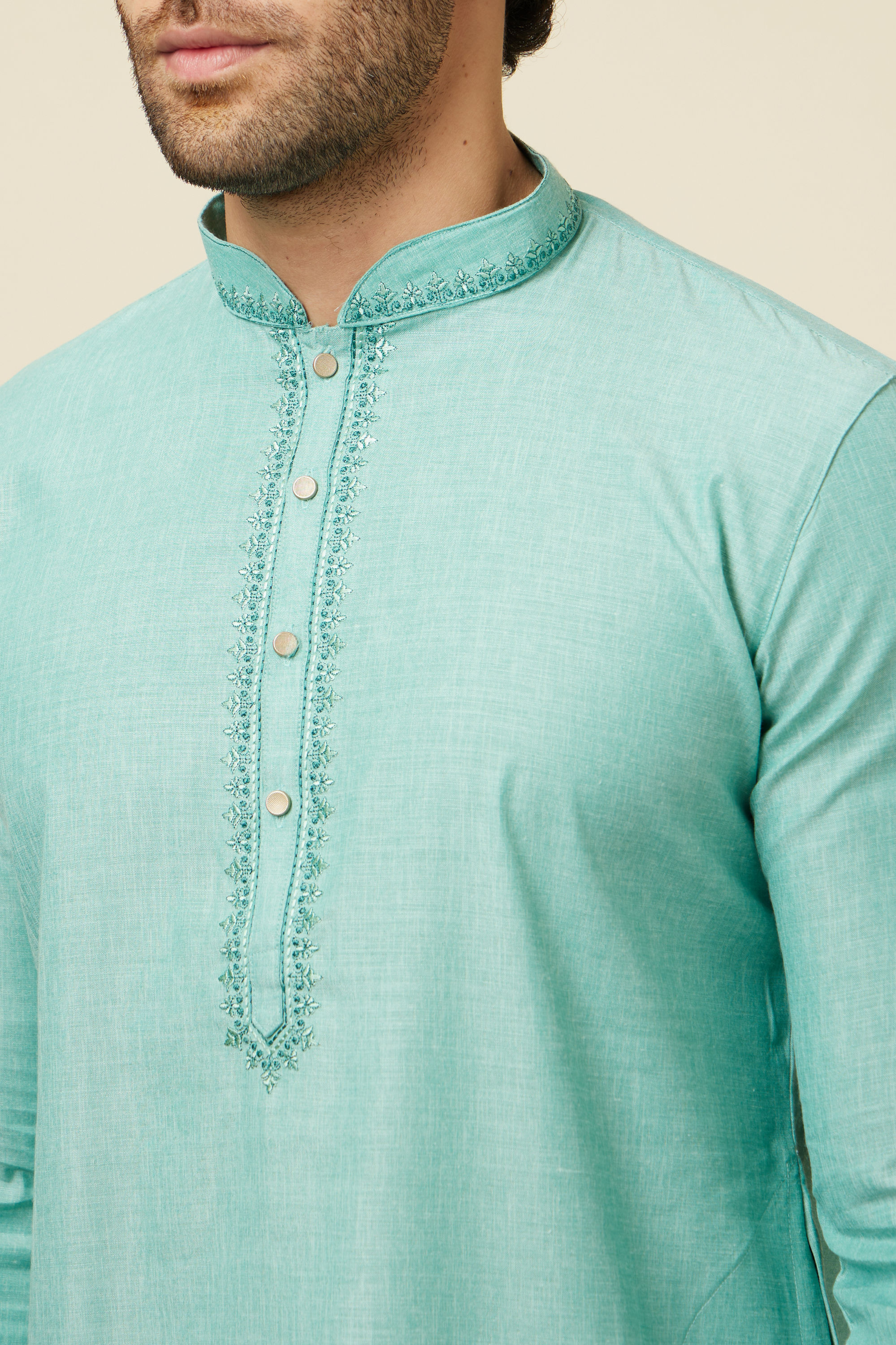 Manyavar Men Sea Blue Solid Kurta Pajama