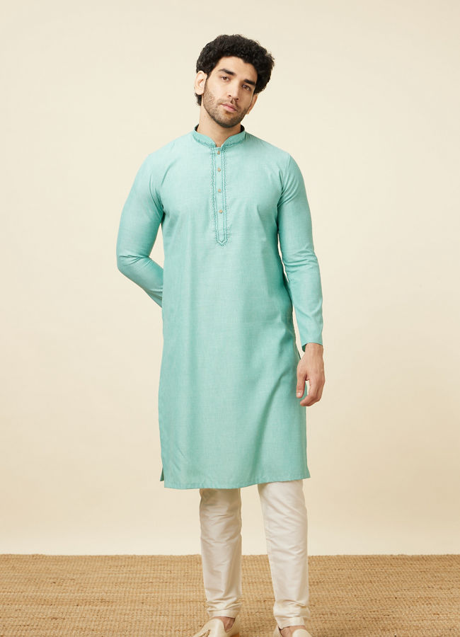 Manyavar Men Sea Blue Solid Kurta Pajama