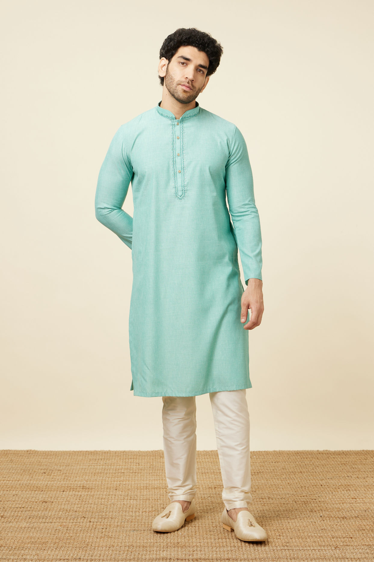 Manyavar Men Sea Blue Solid Kurta Pajama