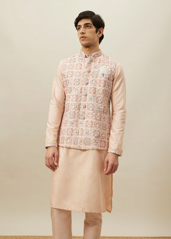 Manyavar Men Cream Pink Moroccan Printed Jacket Set