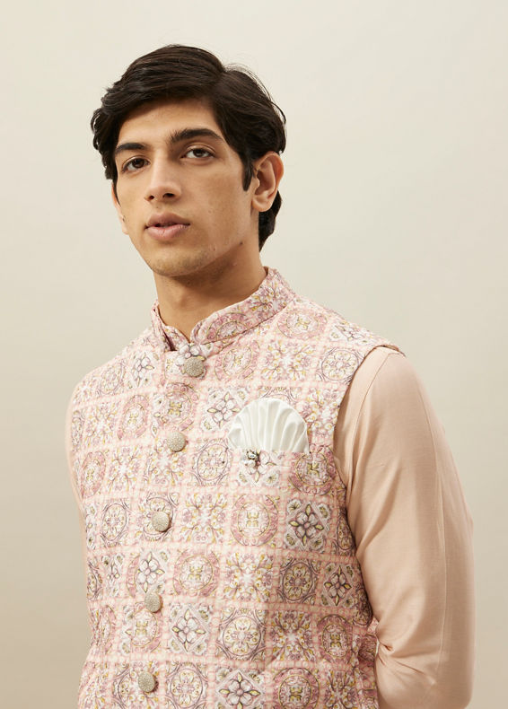 Manyavar Men Cream Pink Moroccan Printed Jacket Set