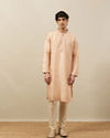 Manyavar Men Cream Pink Floral Grid Printed Kurta Set