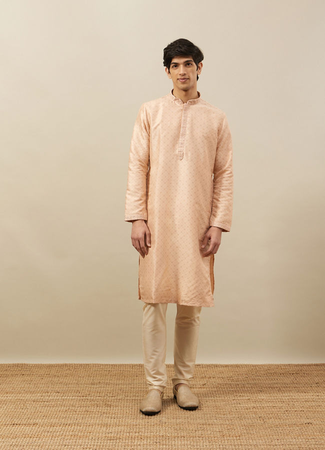 Manyavar Men Cream Pink Floral Grid Printed Kurta Set