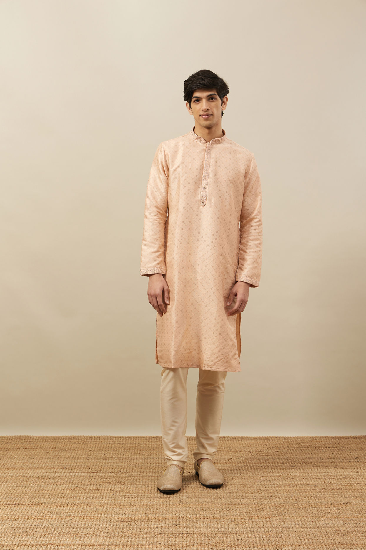 Manyavar Men Cream Pink Floral Grid Printed Kurta Set