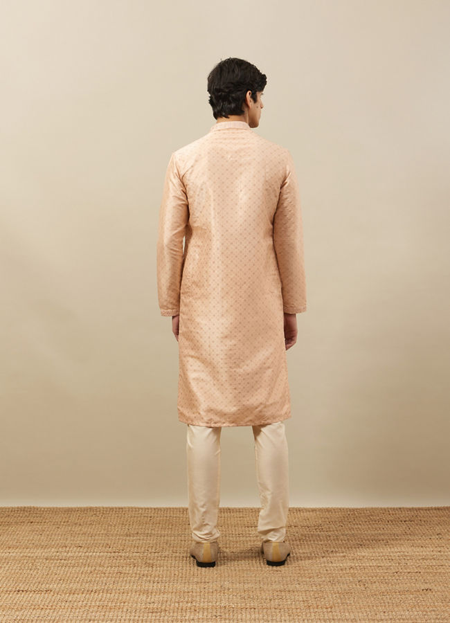 Manyavar Men Cream Pink Floral Grid Printed Kurta Set