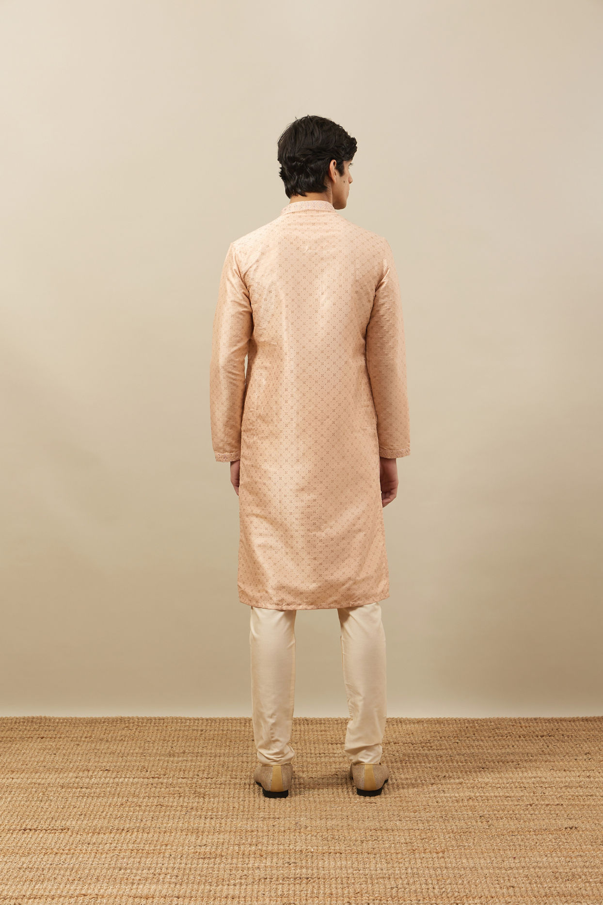 Manyavar Men Cream Pink Floral Grid Printed Kurta Set