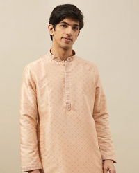 Manyavar Men Cream Pink Floral Grid Printed Kurta Set
