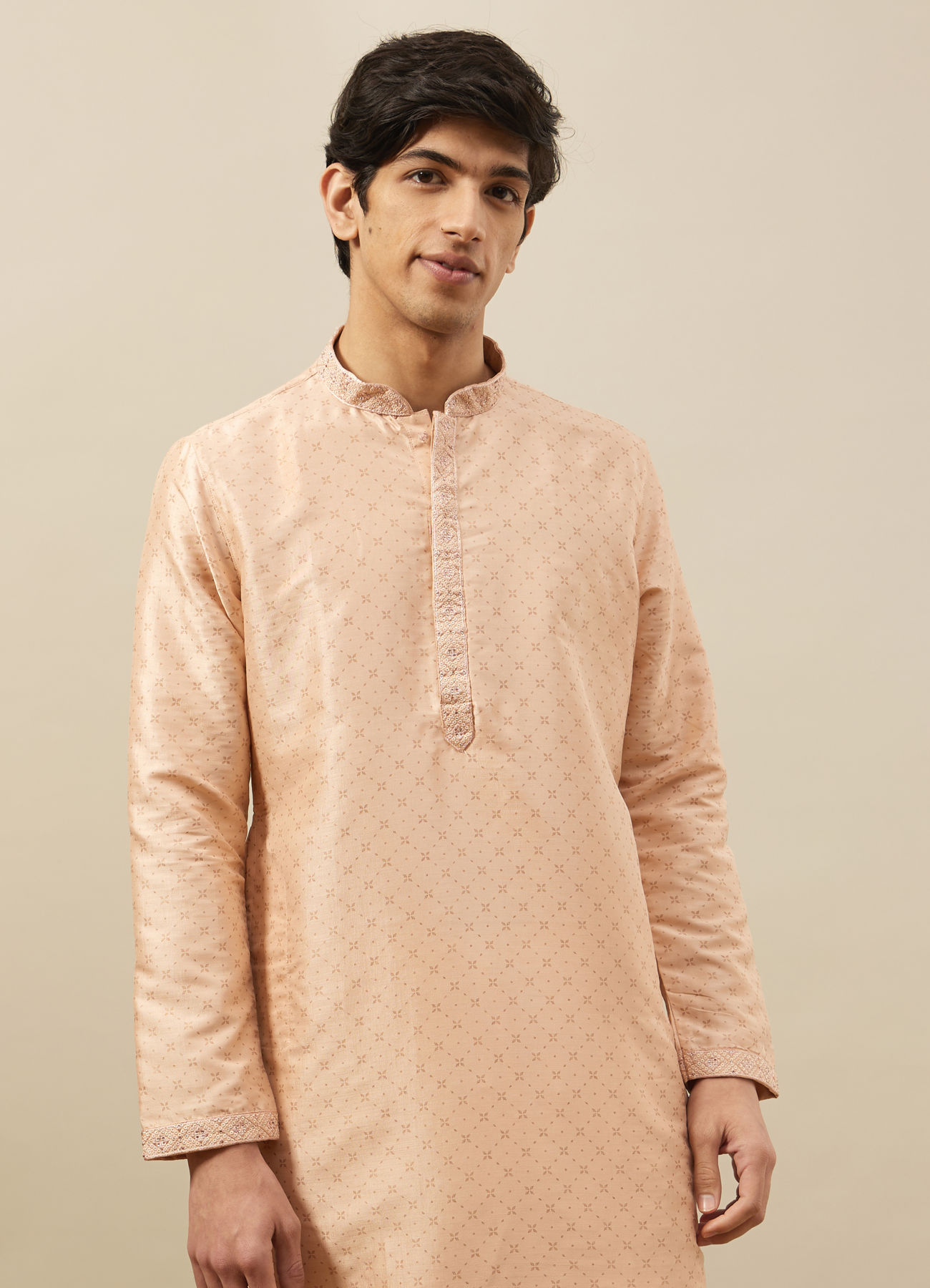 Manyavar Men Cream Pink Floral Grid Printed Kurta Set