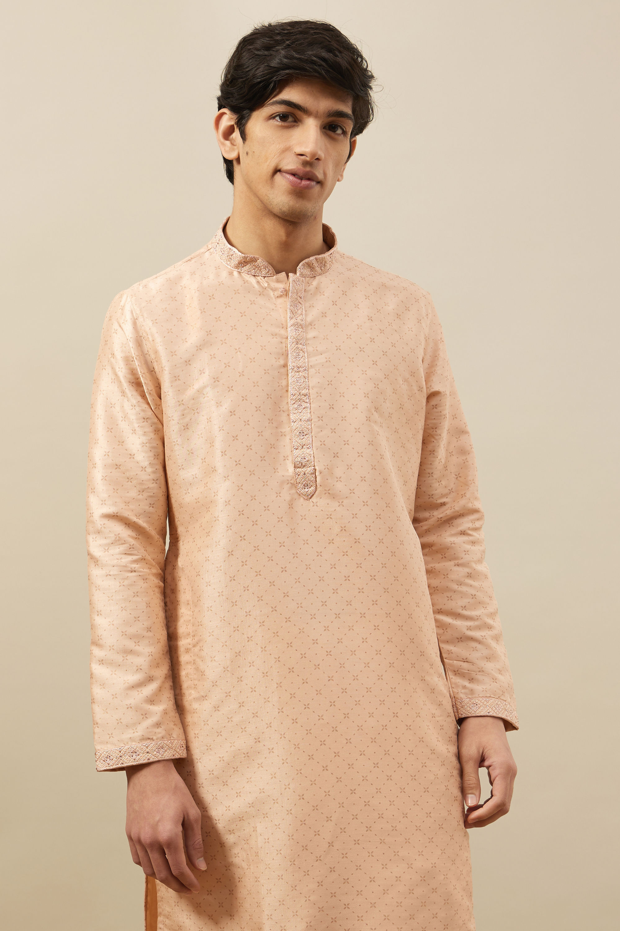 Manyavar Men Cream Pink Floral Grid Printed Kurta Set