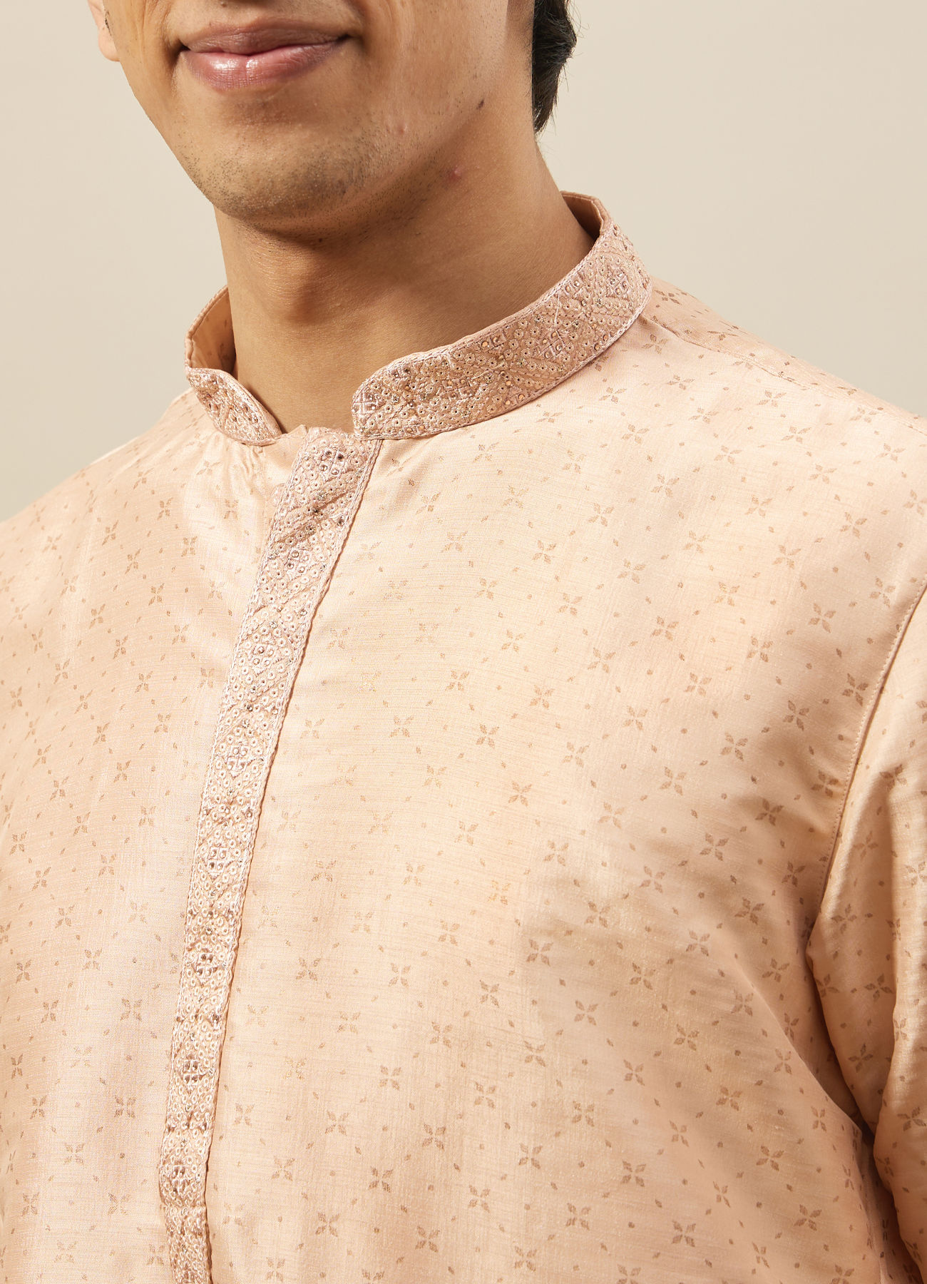 Manyavar Men Cream Pink Floral Grid Printed Kurta Set