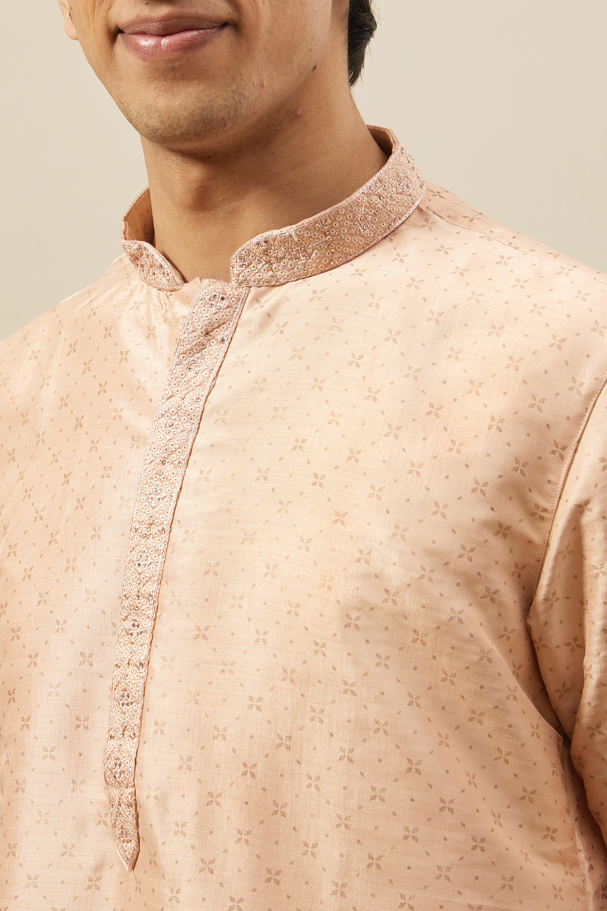 Manyavar Men Cream Pink Floral Grid Printed Kurta Set