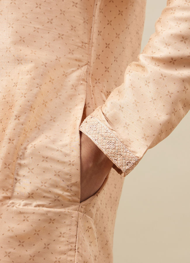 Manyavar Men Cream Pink Floral Grid Printed Kurta Set