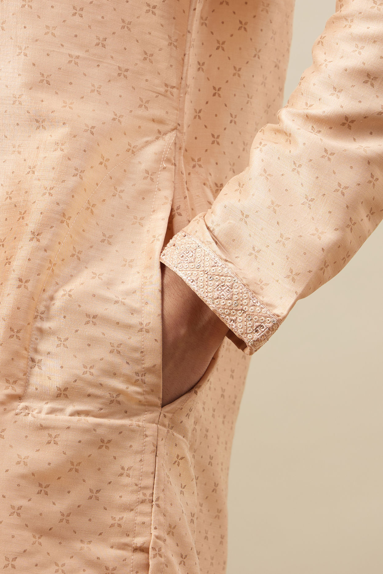 Manyavar Men Cream Pink Floral Grid Printed Kurta Set