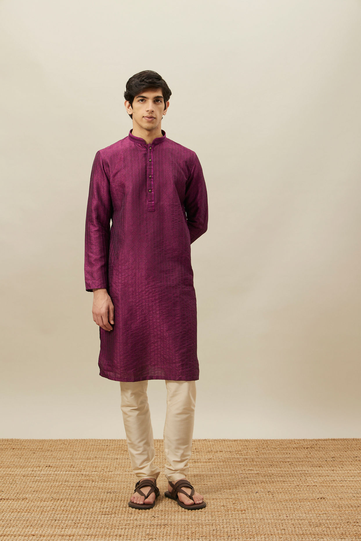 Manyavar Men Magenta Pink Vertical Striped Kurta Set