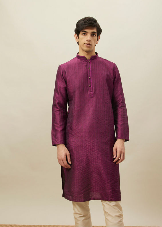 Manyavar Men Magenta Pink Vertical Striped Kurta Set