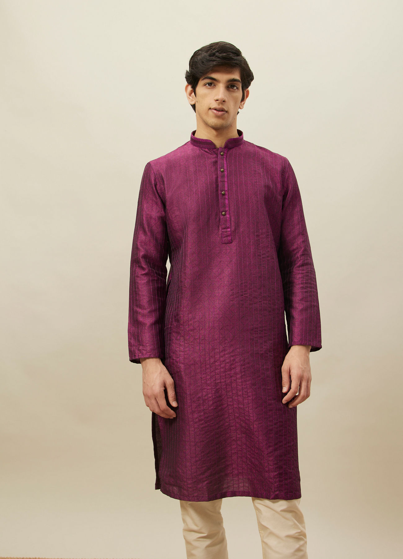 Manyavar Men Magenta Pink Vertical Striped Kurta Set