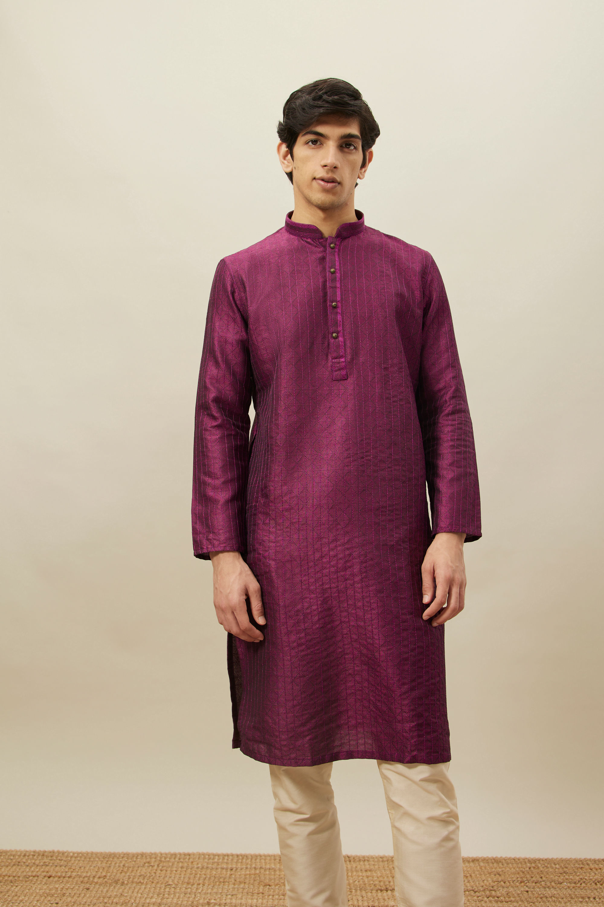 Manyavar Men Magenta Pink Vertical Striped Kurta Set