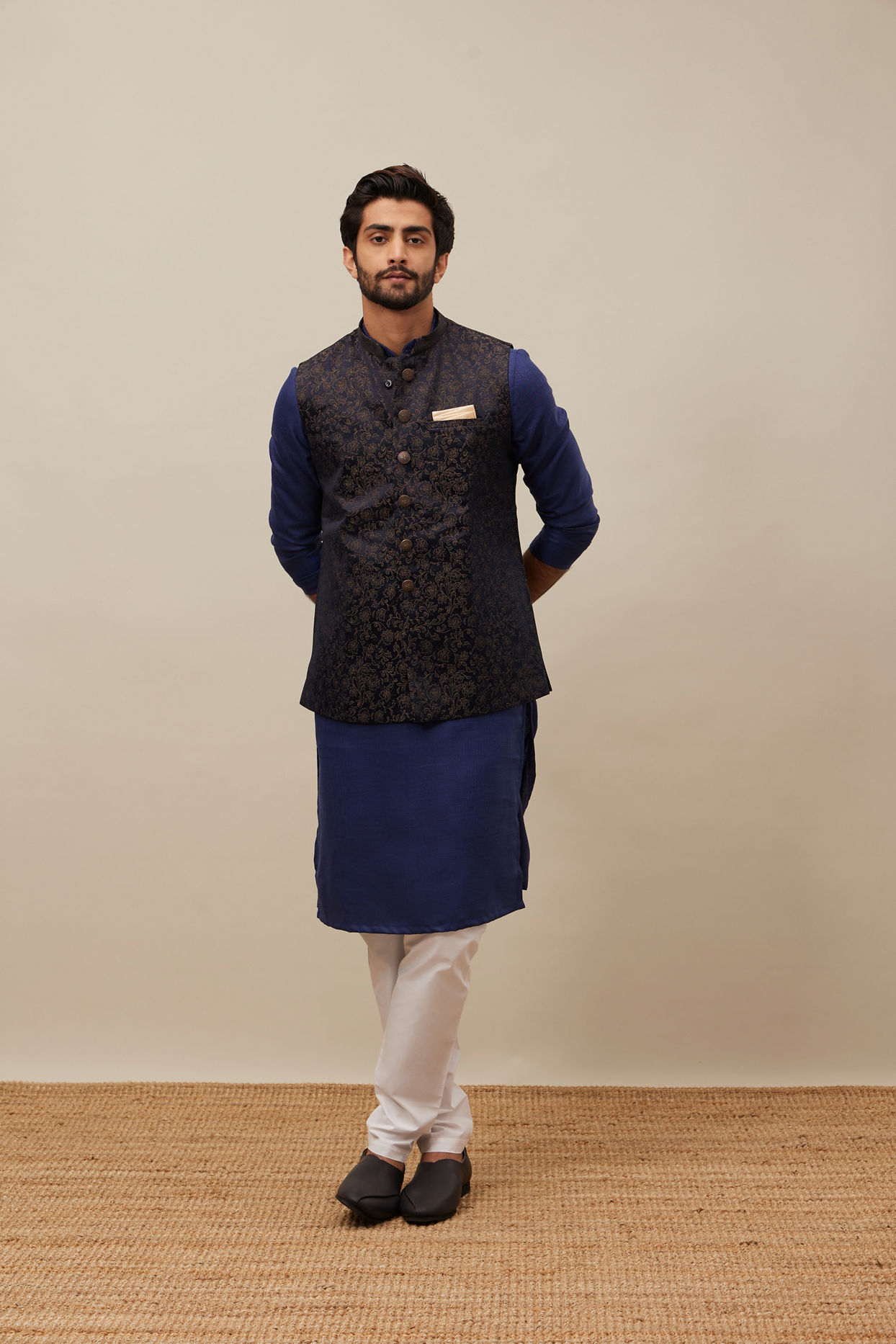 Manyavar Men Midnight Black Bel Buti Patterned Jacket