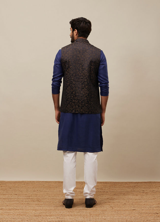 Manyavar Men Midnight Black Bel Buti Patterned Jacket