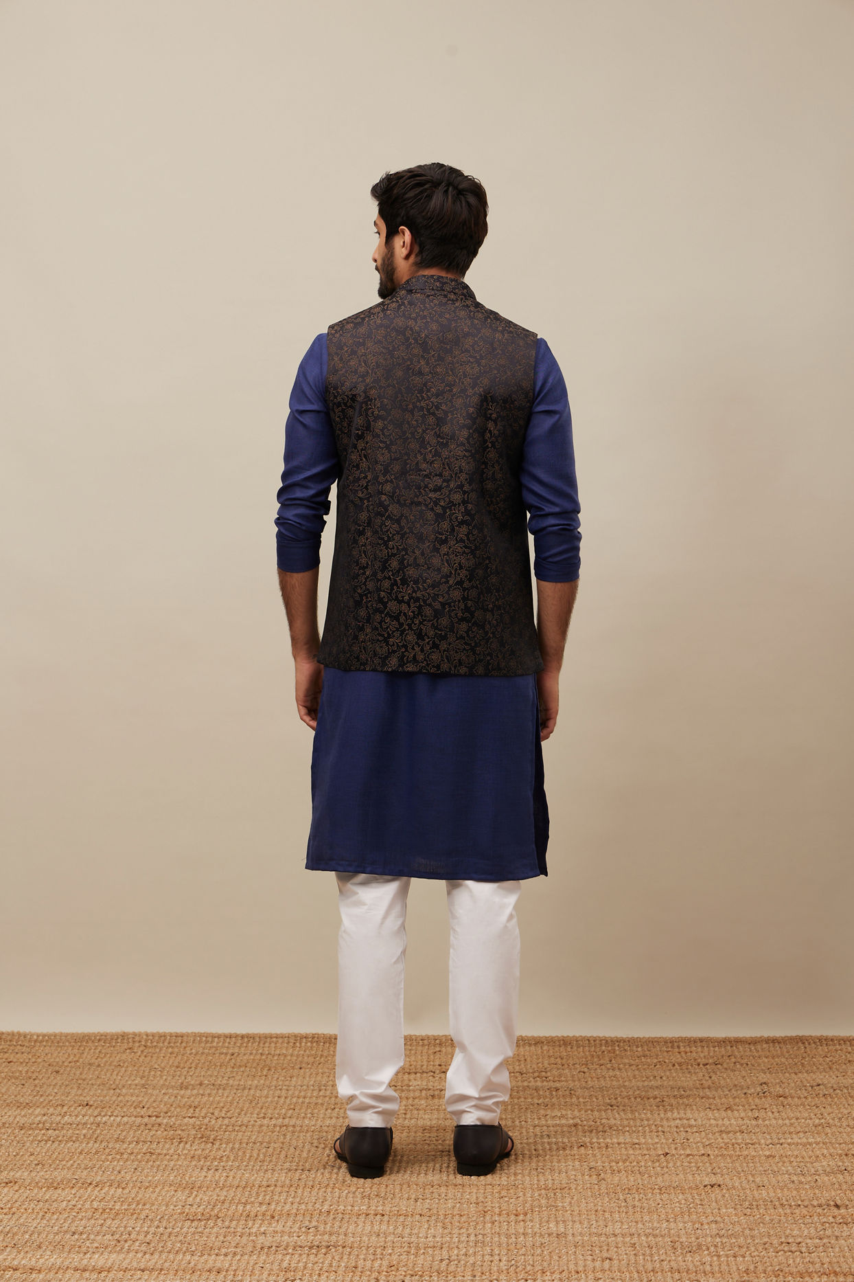 alt message - Manyavar Men Midnight Black Bel Buti Patterned Jacket image number 3