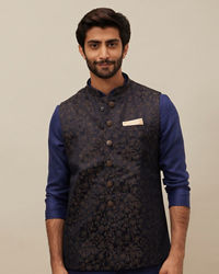 Manyavar Men Midnight Black Bel Buti Patterned Jacket