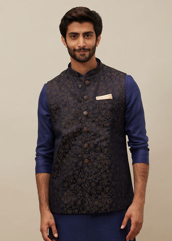 Manyavar Men Midnight Black Bel Buti Patterned Jacket