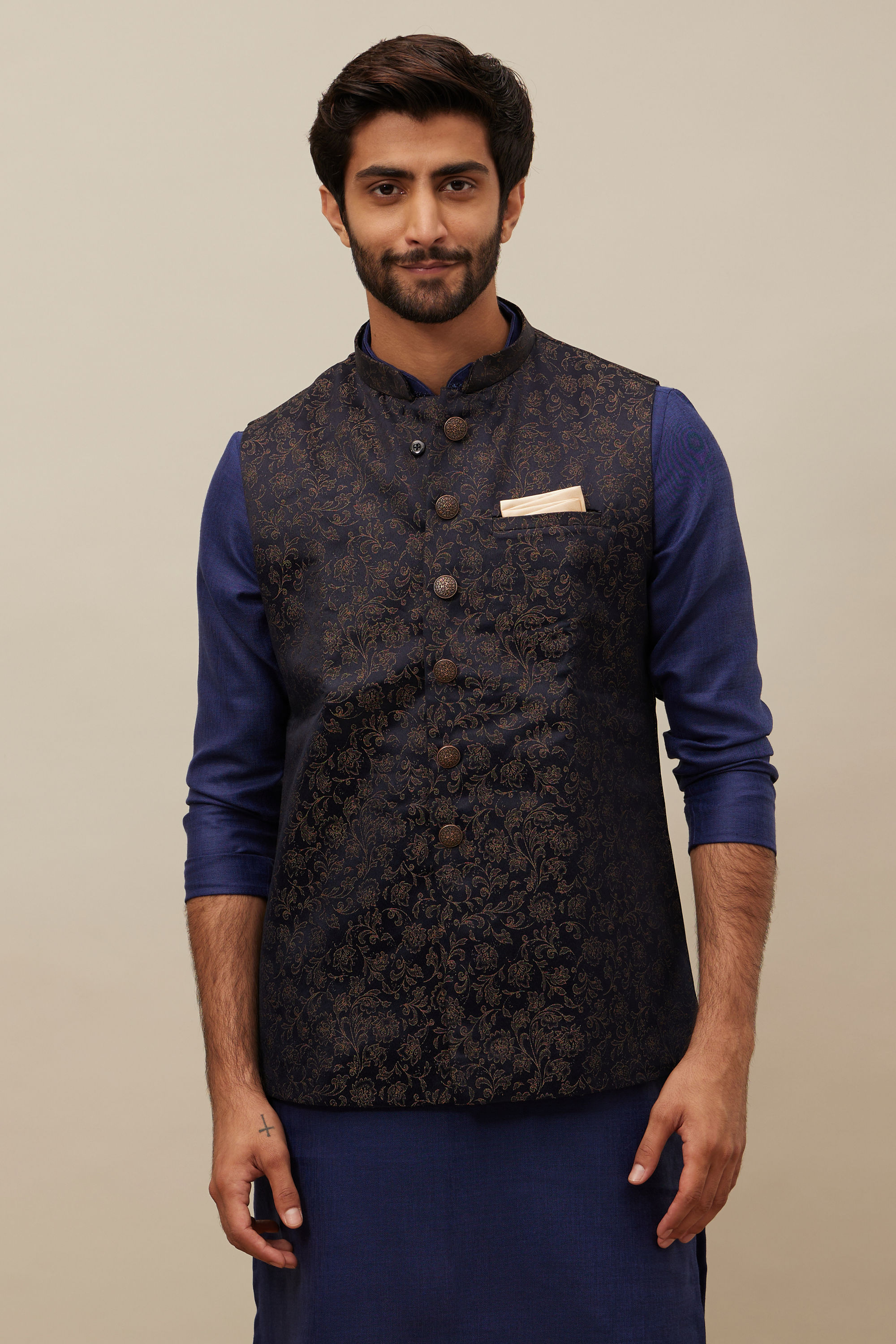 Manyavar Men Midnight Black Bel Buti Patterned Jacket