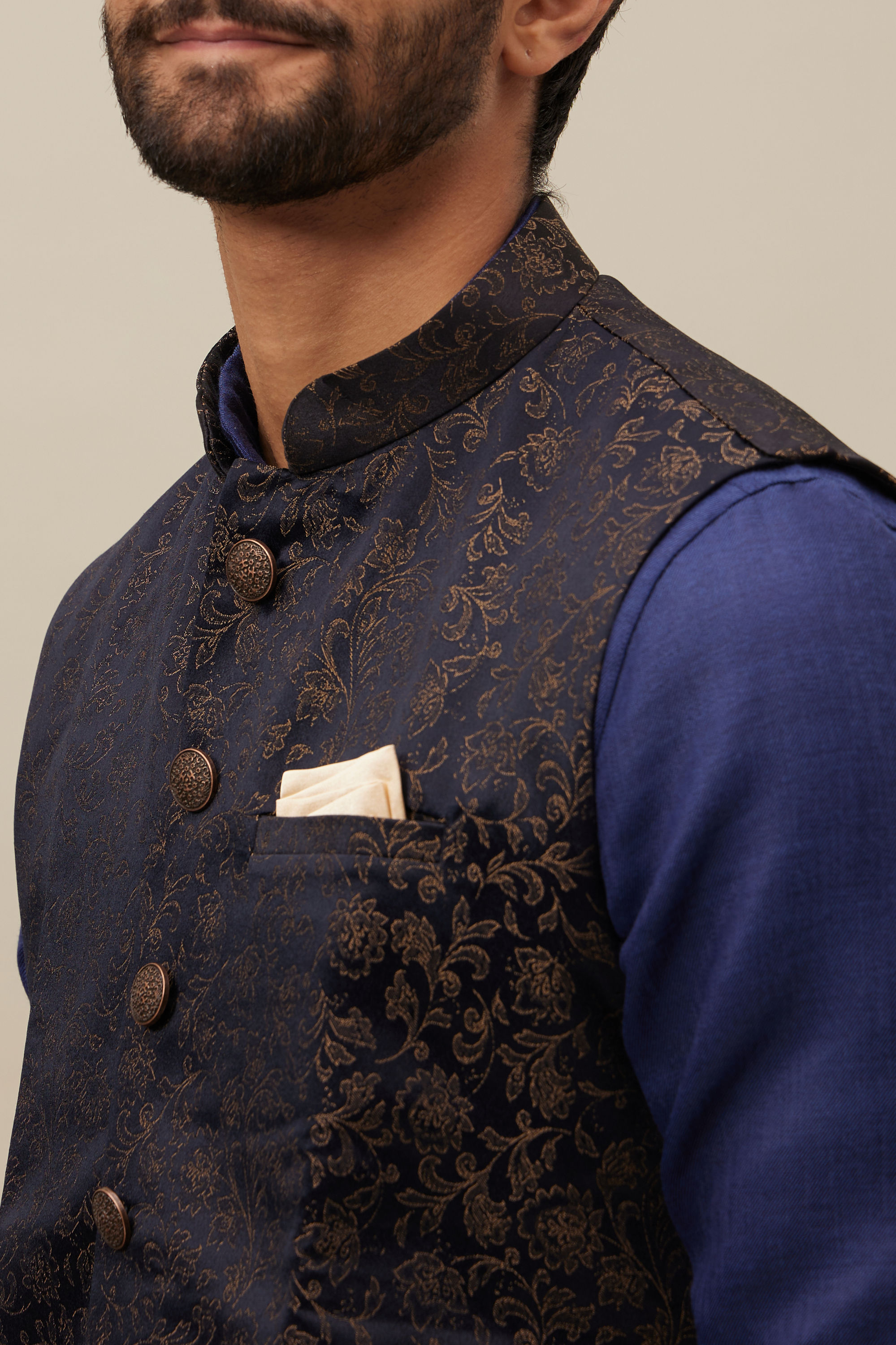 Manyavar Men Midnight Black Bel Buti Patterned Jacket