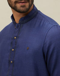 Manyavar Men Midnight Sapphire Blue Embroidered Placket Kurta Set