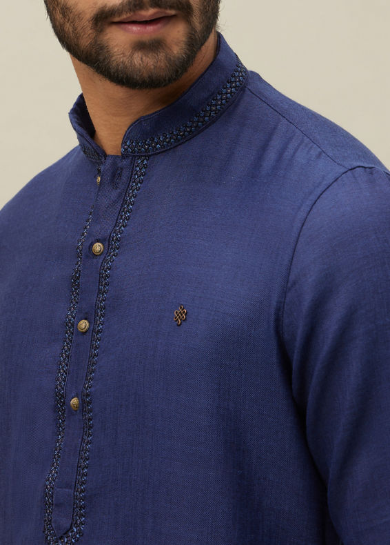 Manyavar Men Midnight Sapphire Blue Embroidered Placket Kurta Set