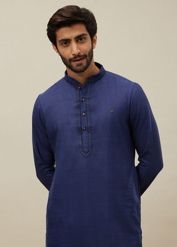Manyavar Men Midnight Sapphire Blue Embroidered Placket Kurta Set