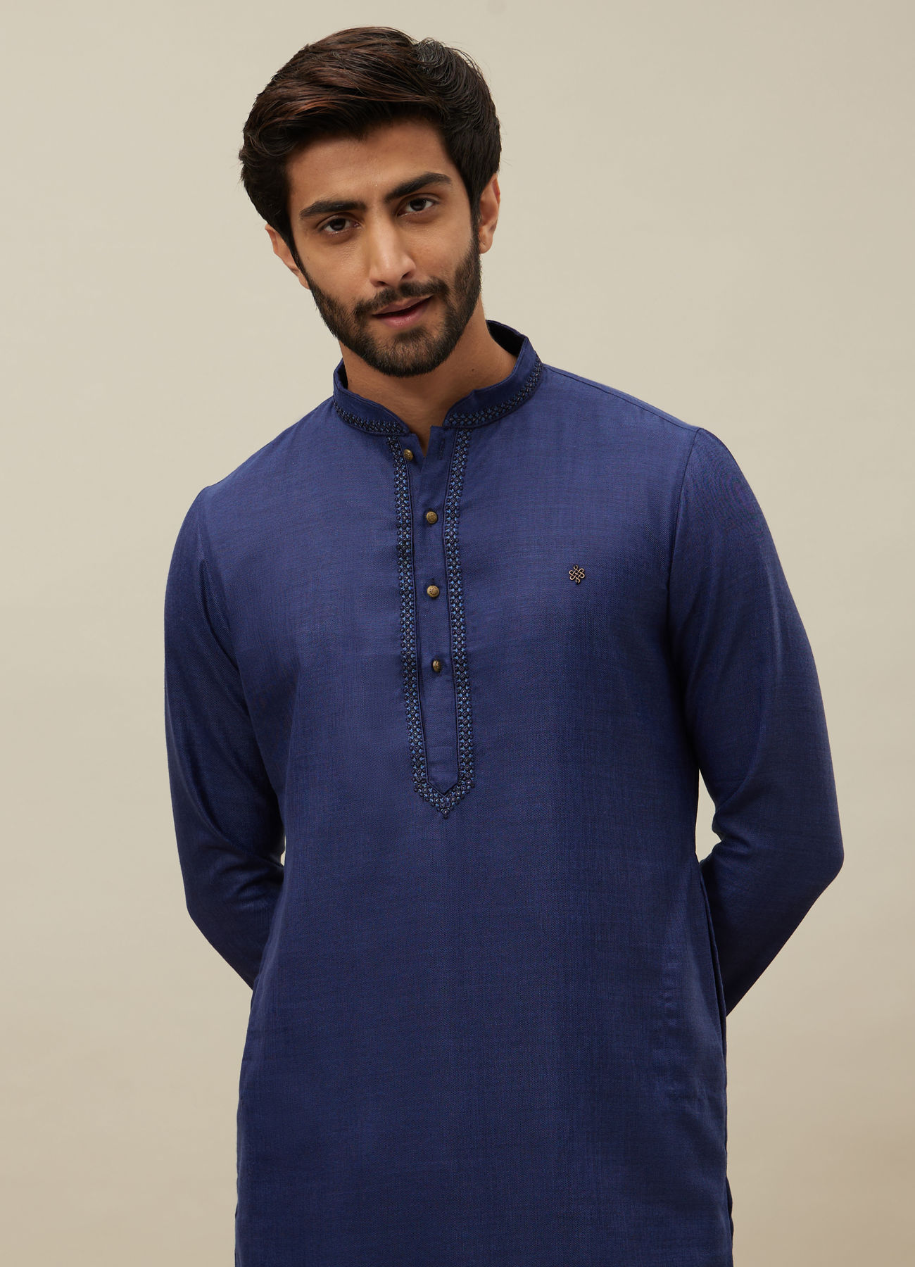 Manyavar Men Midnight Sapphire Blue Embroidered Placket Kurta Set