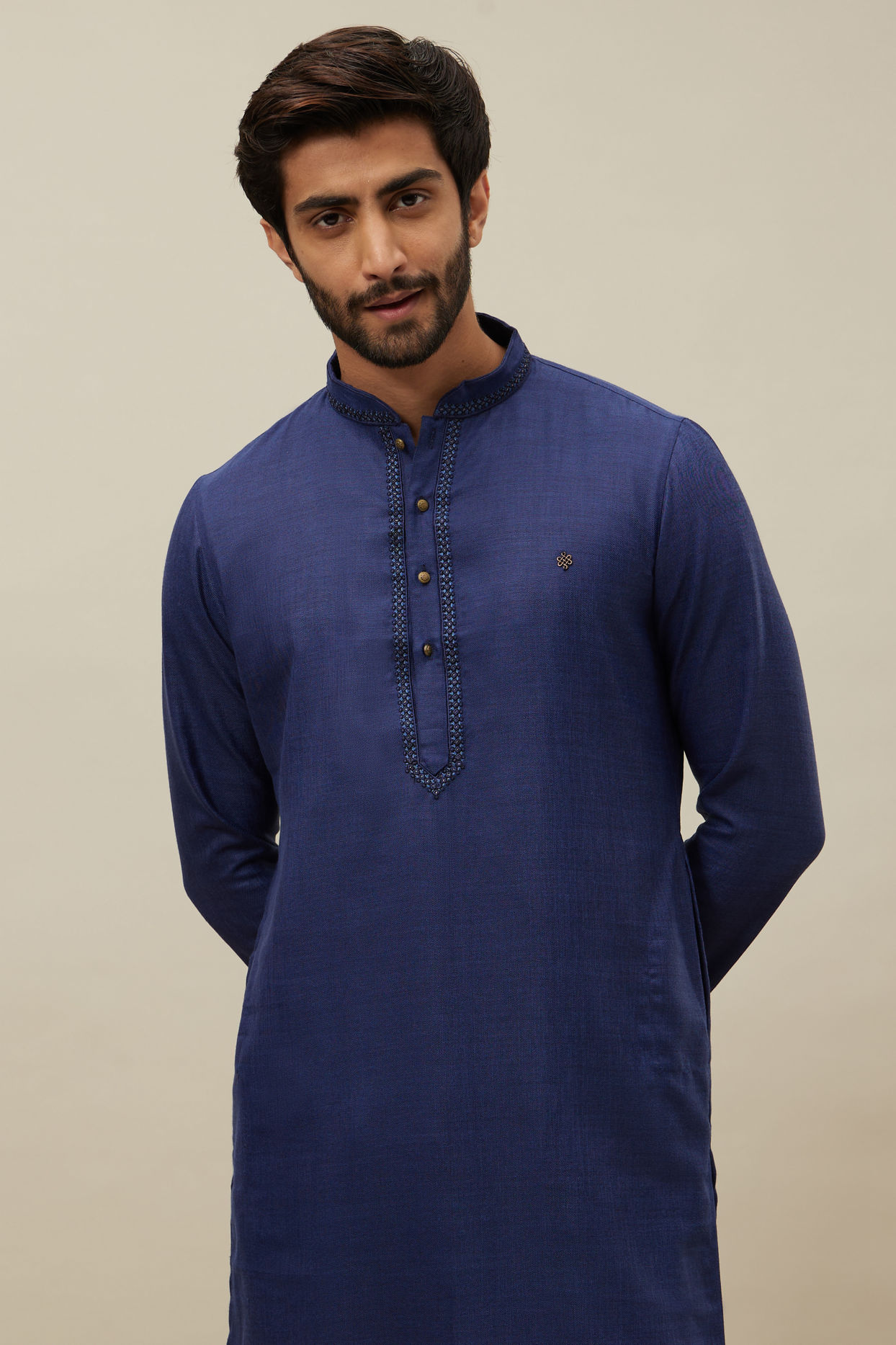 Manyavar Men Midnight Sapphire Blue Embroidered Placket Kurta Set