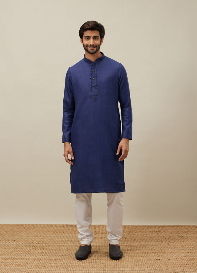 Manyavar Men Midnight Sapphire Blue Embroidered Placket Kurta Set
