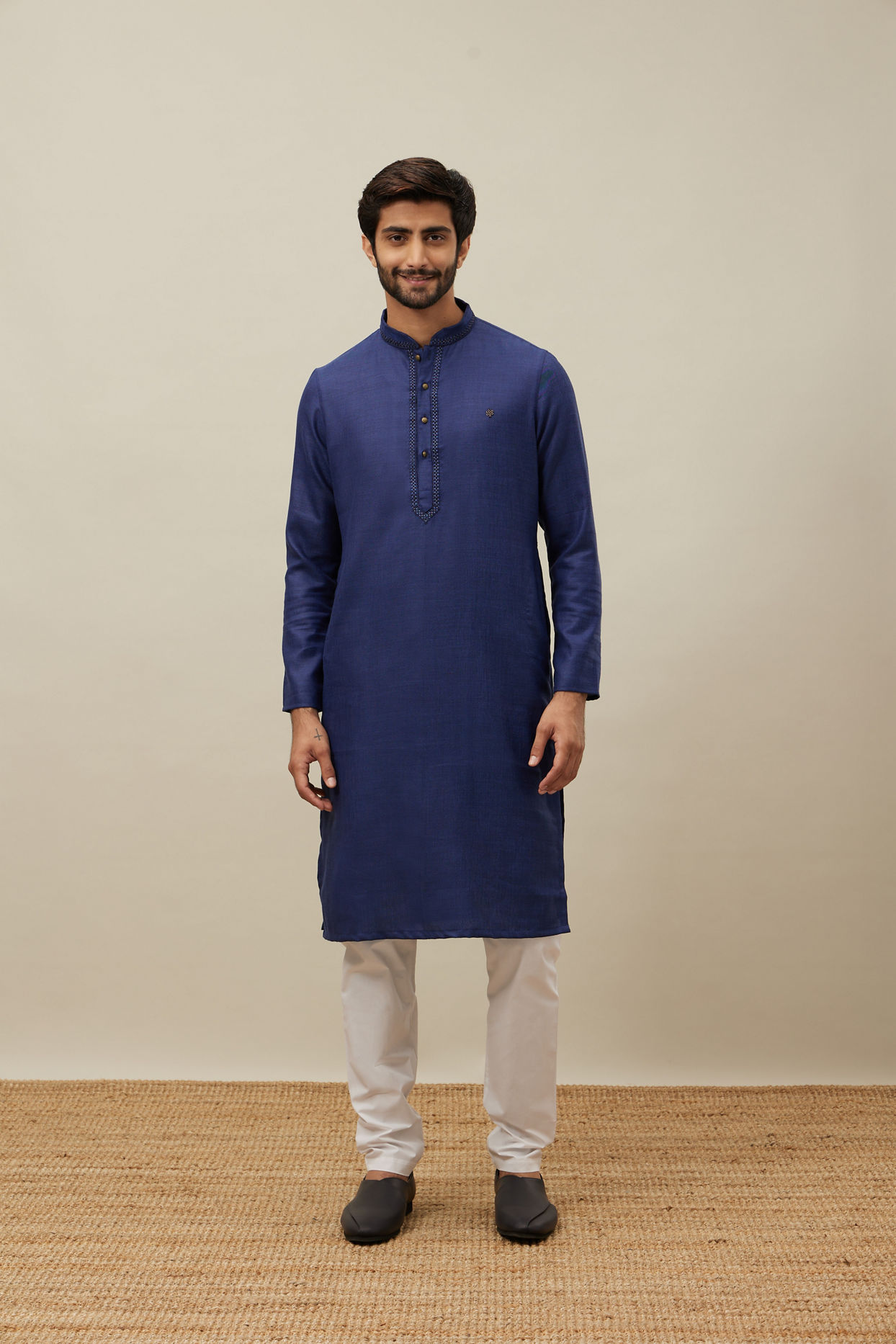 Manyavar Men Midnight Sapphire Blue Embroidered Placket Kurta Set