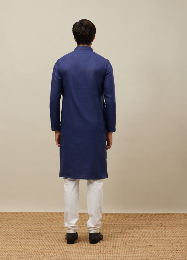 Manyavar Men Midnight Sapphire Blue Embroidered Placket Kurta Set