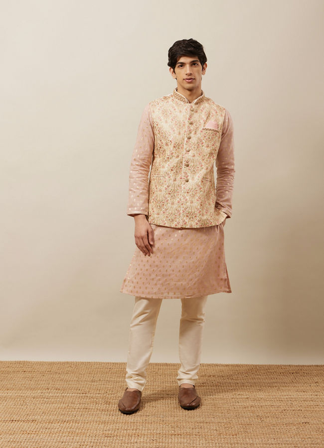 alt message - Manyavar Men Rich Cream Medallion Patterned Jacket image number 2