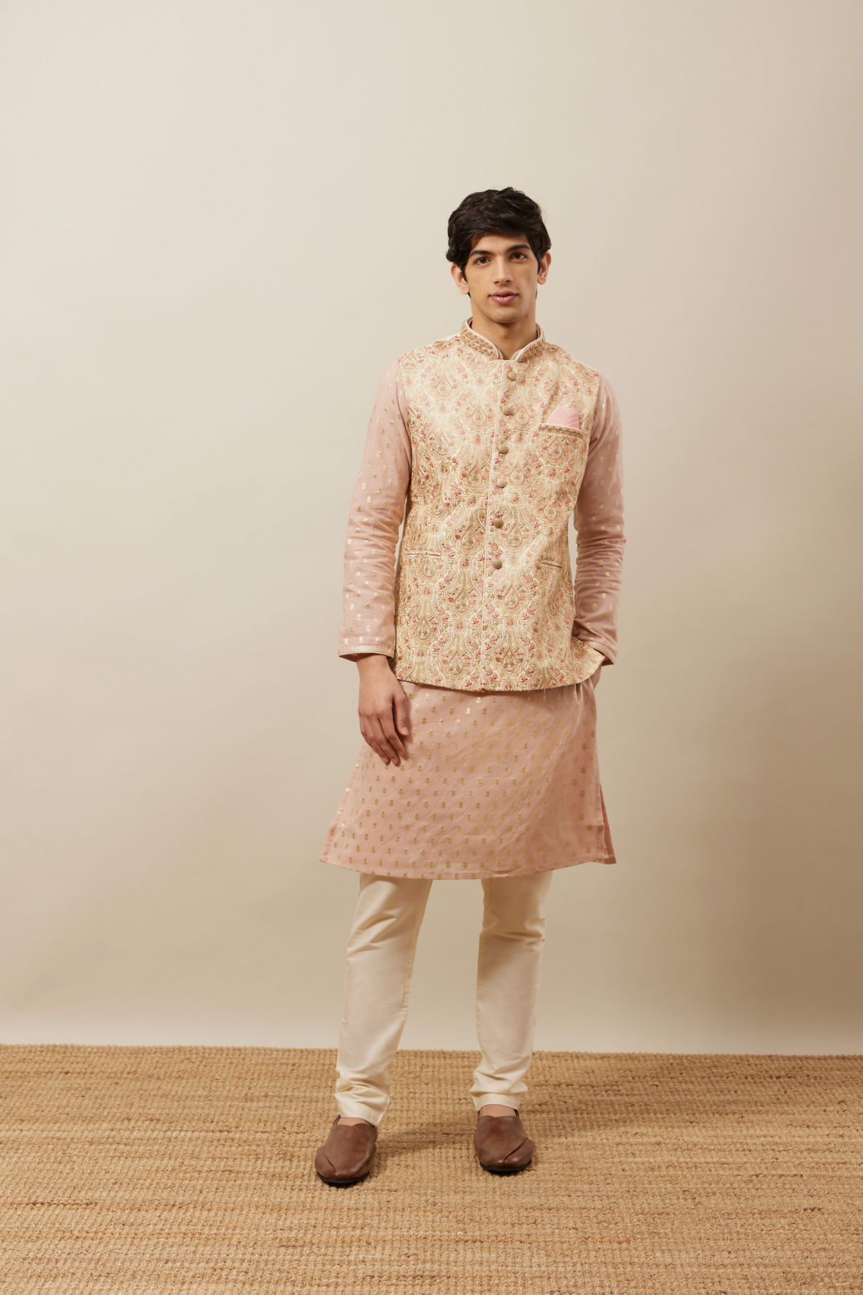 alt message - Manyavar Men Rich Cream Medallion Patterned Jacket image number 2