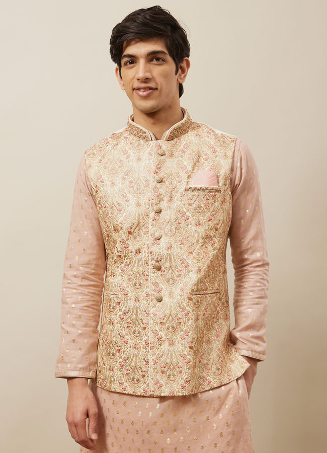 alt message - Manyavar Men Rich Cream Medallion Patterned Jacket image number 0