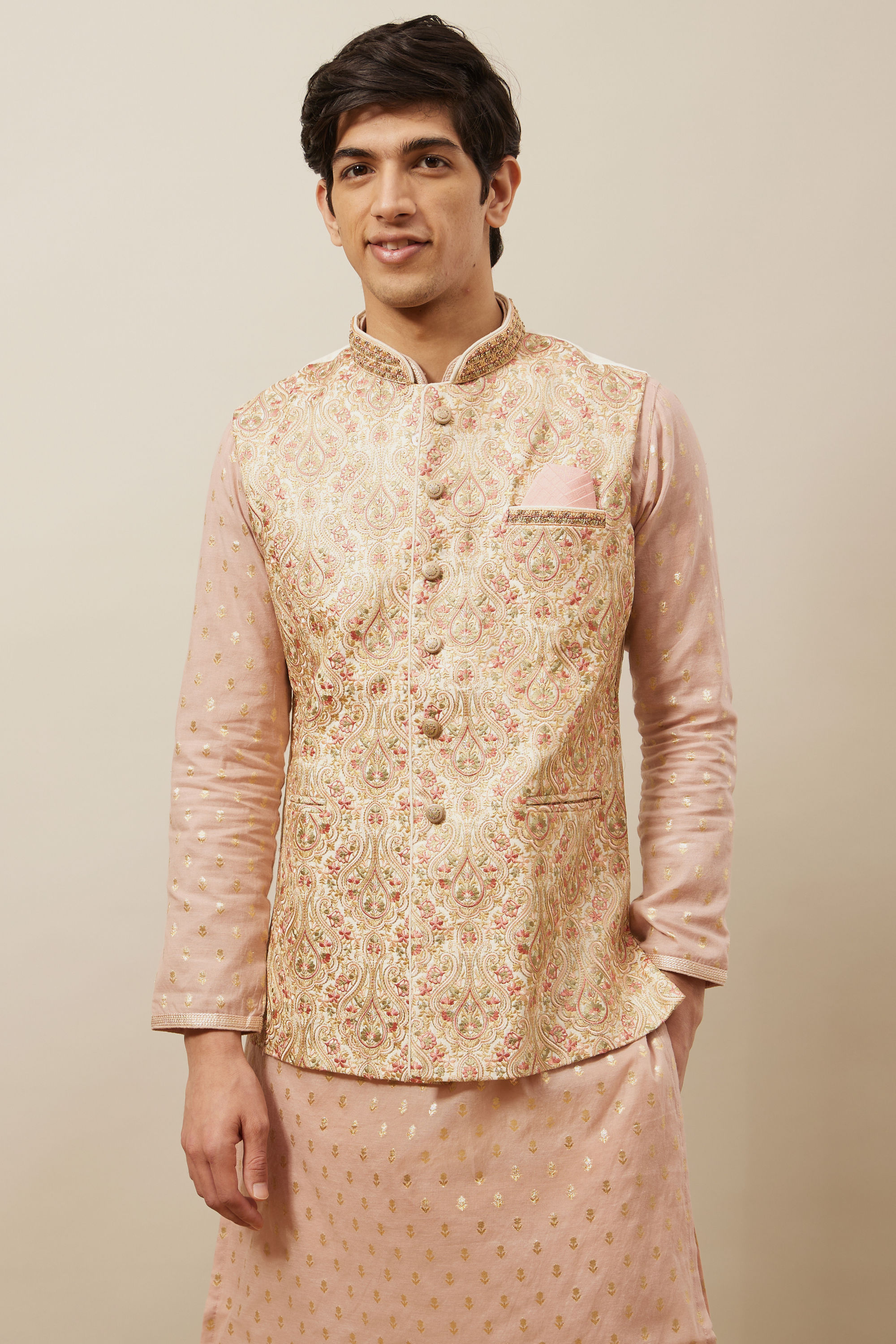 Manyavar Men Rich Cream Medallion Patterned Jacket